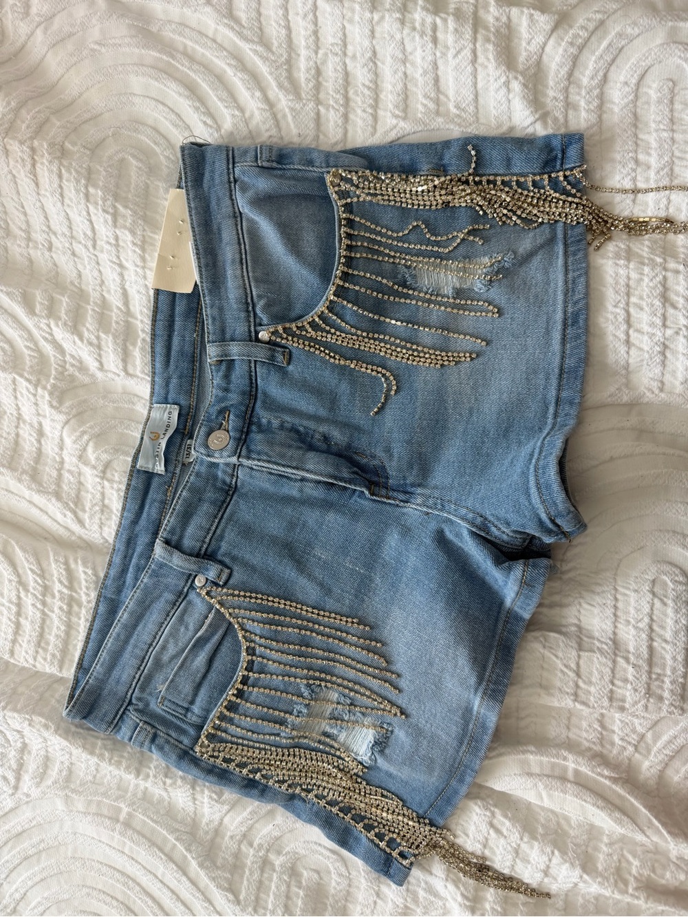 Embellished Light Wash Denim Shorts with Fringe